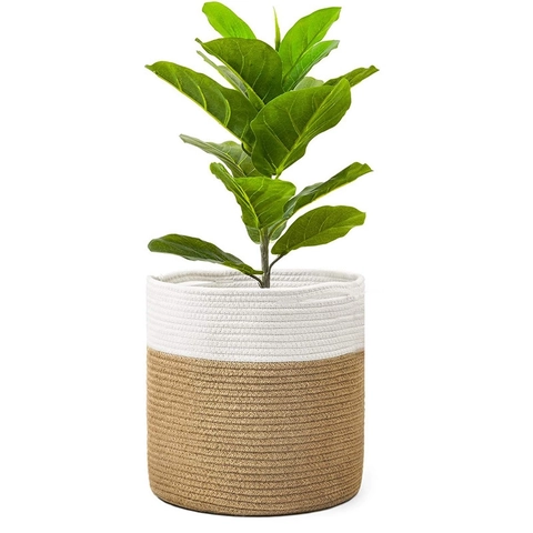 Moderne Gevlochten Katoenen Touw Mand Bloempot Cover Handgemaakt Tweekleurig Binnenshuis Decoratie Opbergmand Met Handgrepen