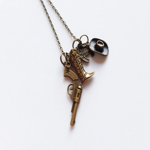 Collana Stile Cowboy Western Lega Vintage Bronzo Tono Argento Cappello Stivale Revolver Ferro Di Cavallo Portafortuna Gioielli