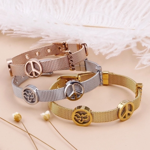 Pulsera De Malla De Acero Inoxidable Hebilla Ajustable Estilo Reloj Amuletos Signo De Paz Pájaro Joyería De Moda
