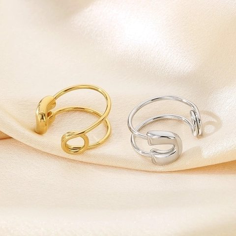 Stainless Steel Safety Pin Open Ring Minimalist Double Layer Spiral Adjustable Punk Band Jewelry For Women
