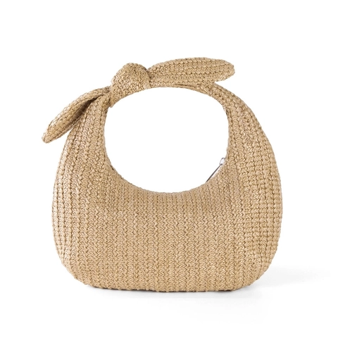Straw Woven Handbag For Women Summer Beach Vacation Crescent Purse With Bow Knot Handle Lightweight Casual Clutch