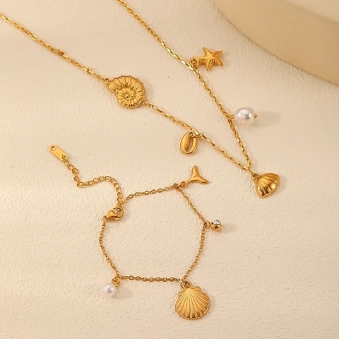 Stainless Steel Ocean Theme Seashell Starfish Fish Tail Pendants Necklace Bracelet Earrings With Imitation Artificial Pearl Gold