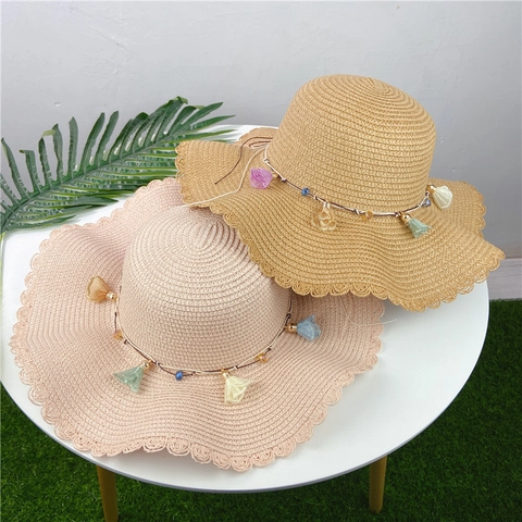 Women Summer Straw Sun Hat Large Scalloped Brim Beach Hat With Floral Tassel Charms Elegant Vacation Sunshade Travel Straw Hat