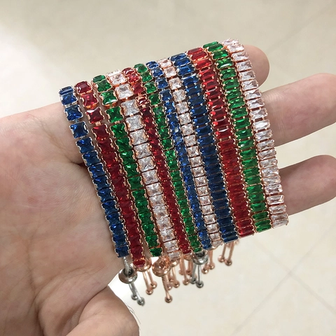 Adjustable Zircon Tennis Bracelet For Women Rectangle Geometric Copper Jewelry Sliding Bolo Clasp Elegant Minimalist