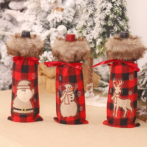 Christmas Wine Bottle Covers Red Black Plaid Faux Fur Collar Santa Snowman Reindeer Festive Dinner Party Table Decoration