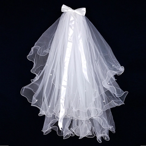 Double Layer Bridal Veil With Tulle Ribbon Bow Faux Artificial Pearl Wedding Hair Accessories Elegant Headpiece For Women Girls