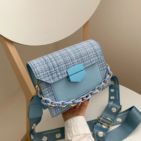 Tweed Crossbody Bag With Daisy Print Wide Strap And Chain Decor Korean Style Flap Square Shoulder Bag For Women