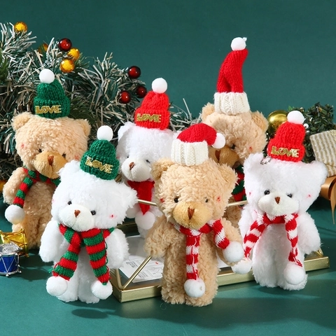 Christmas Plush Teddy Bear Doll Cute Blush Mini Bear Pendant With Knitted Hat And Scarf For Holiday Decoration Gift