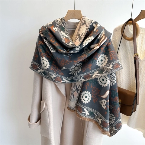 Retro Bloemen Faux Kasjmier Sjaal Lange Warme Wintersjaal Met Kwastjes Etnische Stijl Voor Dames En Heren