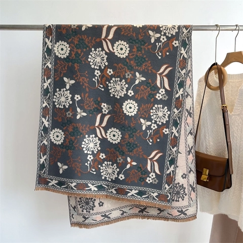Retro Bloemen Faux Kasjmier Sjaal Lange Warme Wintersjaal Met Kwastjes Etnische Stijl Voor Dames En Heren