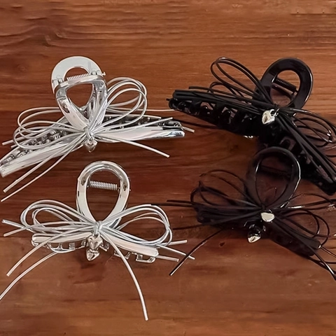 Legierung Haarkralle Mit Schleife Und Herzanhänger Eleganter Silberner Schwarzer Haarclip Für Damen