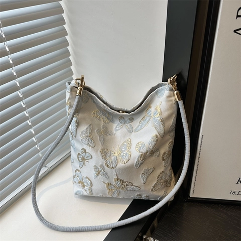 Women Canvas Shoulder Bag Chinese Style Jacquard Butterfly Bamboo Embroidery Underarm Bag Elegant Vintage Baguette Bag