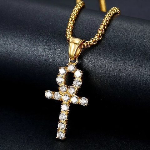 Hip Hop Stainless Steel Gold Plated Ankh Cross Pendant Necklace Iced Out Rhinestone Egyptian Life Key Jewelry For Men Women