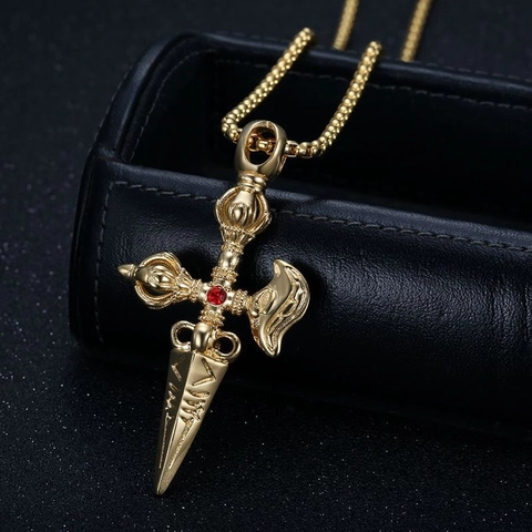 Collana Con Ciondolo Vajra Dorje In Acciaio Inossidabile Placcato Oro Con Gemma Rossa Gioielli Religiosi Etnici Hip Hop Vintage