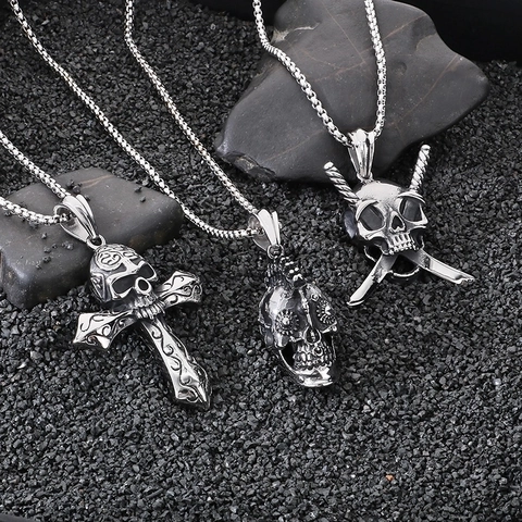 Skull Cross Pendant Necklace Stainless Steel Gothic Punk Style Retro Men Jewelry Vintage Dagger Motifs