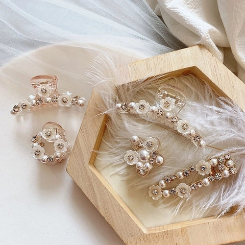 Mollette Per Capelli Künstliche Perle Cristallo Fiore Artigli In Resina Accessori Eleganti Stile Coreano Per Donne