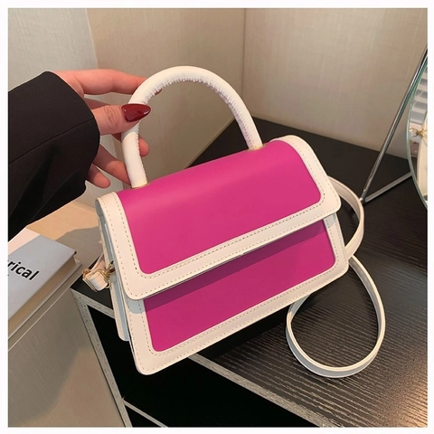Women Contrast Color Handbag PU Leather Mini Shoulder Crossbody Bag With Handle And Adjustable Strap Minimalist Trendy
