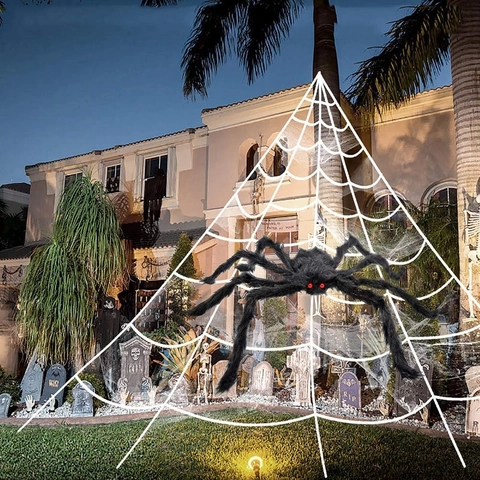 Halloween Riesige Plüschspinne Dekoration Mit Dreieckigem Netz Und Pfählen Für Den Außenbereich Garten Gruselige Party-Requisiten