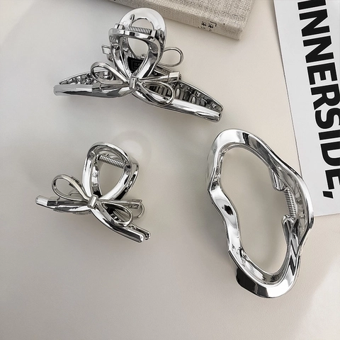 Alloy Metal Hair Claw Clip Irregular Bowknot Butterfly Shark Clip For Women Hair Accessories Nonslip Strong Hold Silver