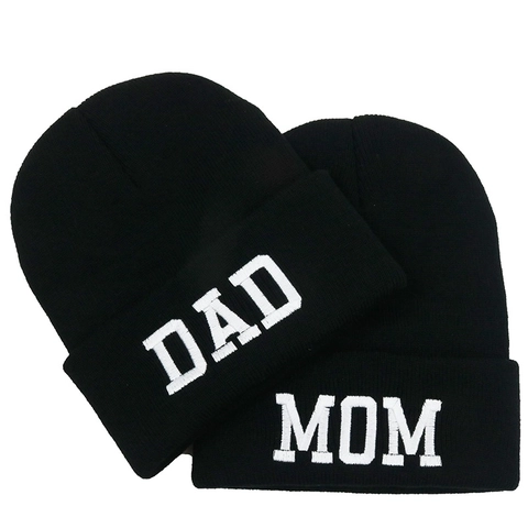 Knitted Beanie Hat Acrylic Mom Dad Embroidery Cuffed Ribbed Winter Warm Outdoor Ski Cap For Parents Couples
