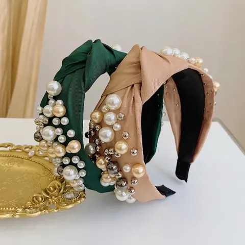 Wide Knotted Headband Vintage Elegant Satin Fabric Faux Artificial Pearl Metal Bead Hair Hoop Accessories For Women Girls