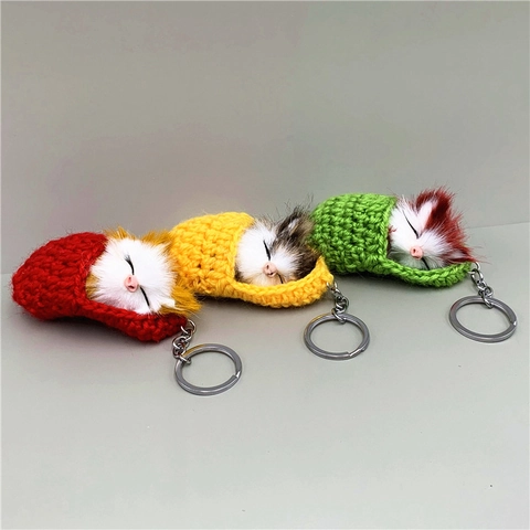 Schattige Slapende Kat Sleutelhanger Simulatie Dier Kunstbont Pluche Gebreide Slaapzak Tas Hanger Voor Dames Kinderen