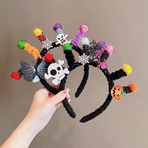 Cerchietto Per Capelli Halloween LED Luminoso Peluche Zucca Teschio Fantasma Pipistrello Ragno Accessorio Per Feste