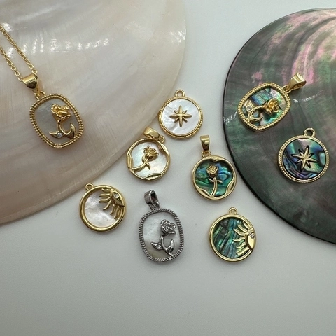Ciondoli Pendenti Retrò Fiore Stella Sole Rame Placcato Oro 18K Conchiglia Bianca Naturale Abulone Per Creazione Gioielli Fai Da Te