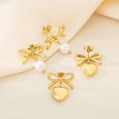 Orecchini A Fiocco Con Perla Artificial E Cuore Acciaio Inossidabile Gioielli Di Moda Eleganti Regalo Donna