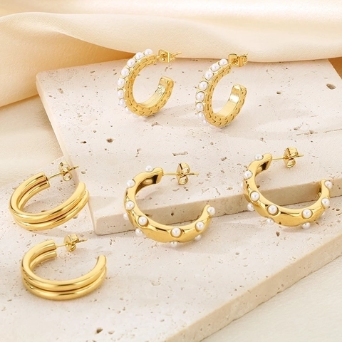 Edelstahl C Förmige Creolen Vintage Französischer Stil Künstliche Perlen Zirkonia Einlage Einfache Elegante Modeschmuck Damen