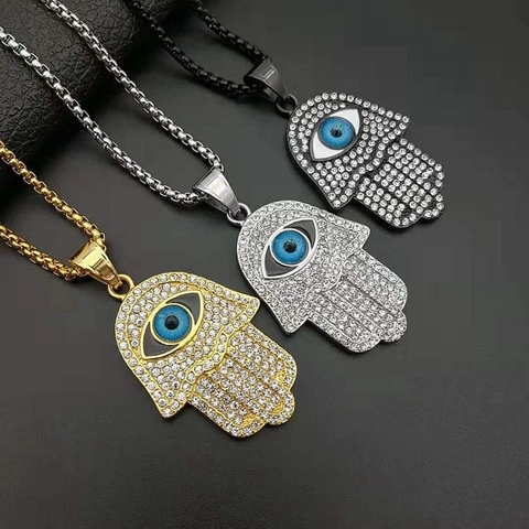 Collar Con Colgante De Mano De Hamsa Ojo Turco Acero De Titanio Diamantes De Imitación Hip Hop Joyería