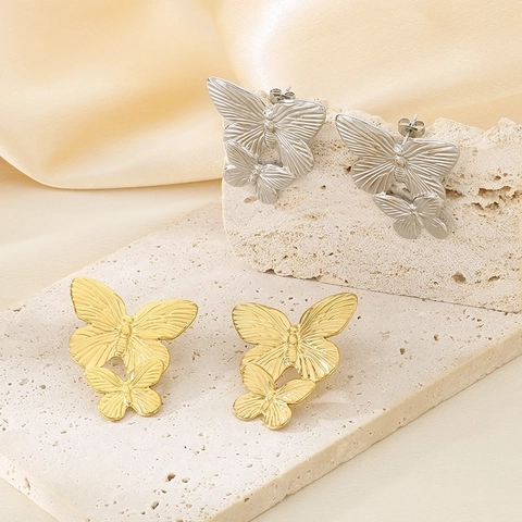 Pendientes De Botón De Mariposa Minimalistas Alas Texturizadas Acero Inoxidable Retro Tono Dorado Joyería De Moda Para Mujer