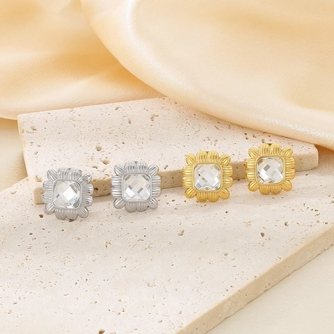Pendientes De Botón Geométricos Vintage Corazón Cuadrado Redondo Acero Inoxidable 316L Oro De 18K Circonita Para Mujeres