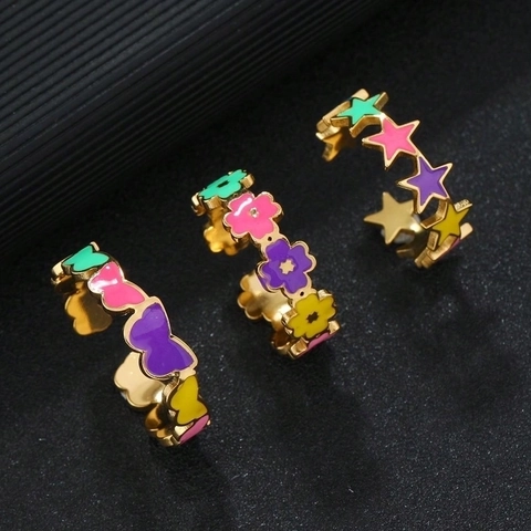 Colorful Enamel Open Rings Stainless Steel Gold Plated Butterfly Star Flower Adjustable Dopamine Fashion Jewelry Women