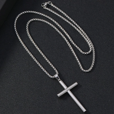 Roestvrijstalen Kruis Hanger Ketting Eenvoudig Afgeschuind Cilindrisch Religieuze Sieraden Voor Heren Dames Punk Stijl