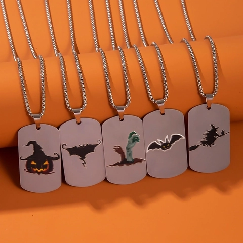 Halloween Pumpkin Witch Bat Ghost Pendant Necklace Stainless Steel Alloy Military Tag Necklace Party Jewelry Gift For Women