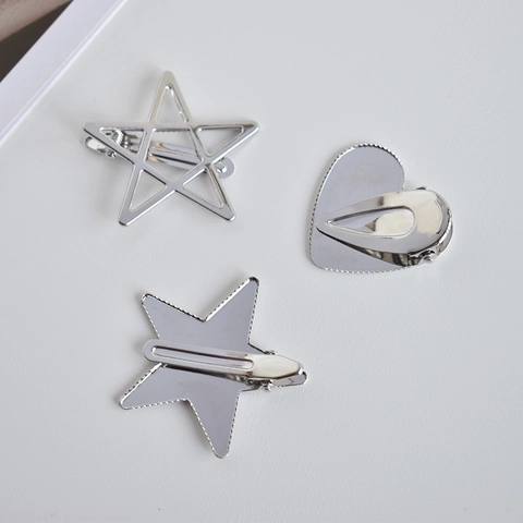 Silberne Metall Haarspangen Herz Stern Geometrisch Glatt Hohl Entenschnabel Clips Für Damen Mädchen Cool Style