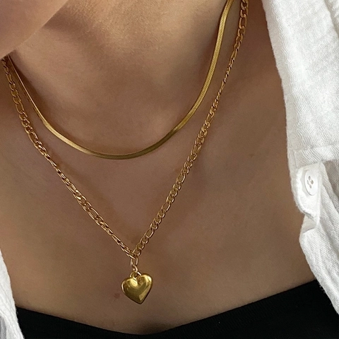 Collar Con Colgante De Corazón De Acero Inoxidable Doble Capa Cadena Serpiente Figaro Chapado En Oro Joyería De Moda