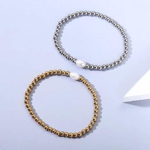 Stainless Steel Beaded Bracelet With Freshwater Pearl Elastic Gold Plated Minimalist Elegant Jewelry For Women