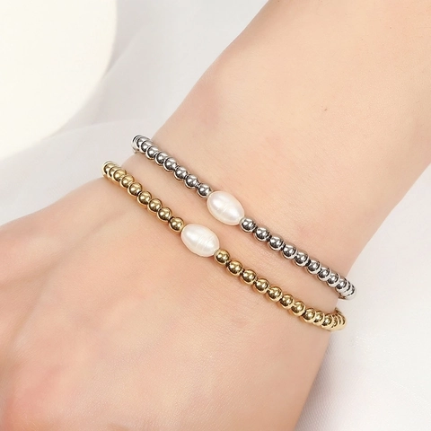 Stainless Steel Beaded Bracelet With Freshwater Pearl Elastic Gold Plated Minimalist Elegant Jewelry For Women
