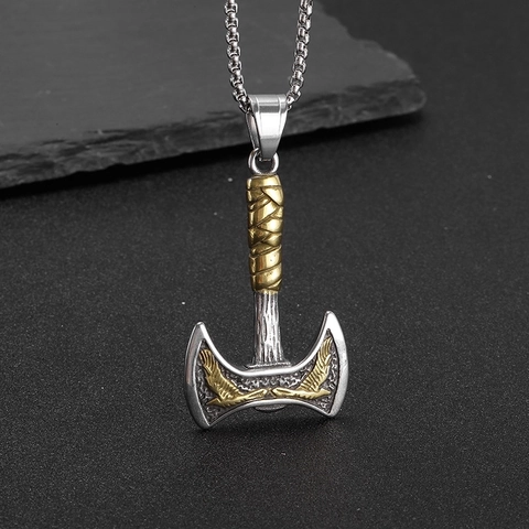 Viking Dubbele Bijl Hanger Halsketting Heren Titanium Staal Tweekleurig Goud Antiek Zilver Noordse Mythologie Biker Sieraden