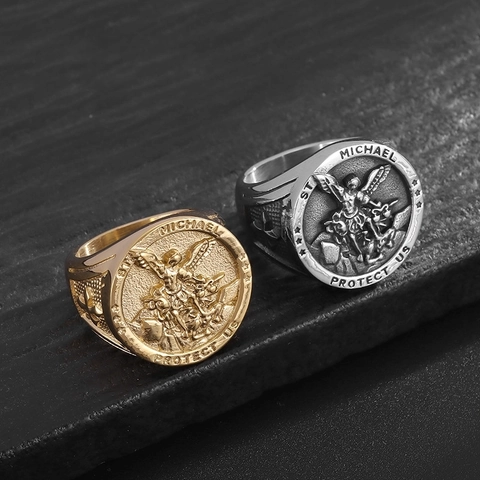 Anello Sigillo Uomo Arcangelo San Michele Acciaio Inossidabile Religioso Hiphop Punk Biker Gioielli Oro Argento
