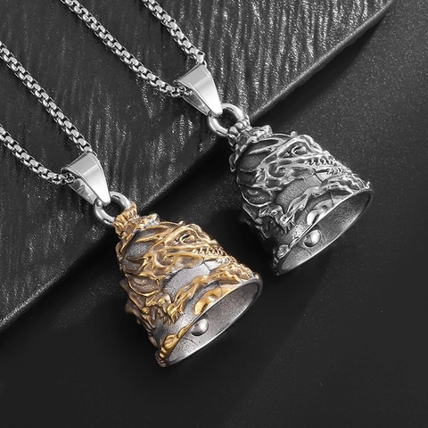 Collar Con Colgante De Campana Acero Inoxidable Titanio Retro Gótico Dragón Calavera Biker Rider Suerte Exorcismo Joyería Para Hombre