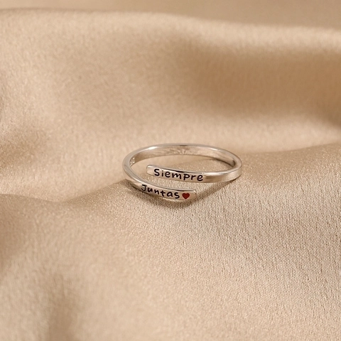 925 Sterling Silver Adjustable Ring Siempre Juntas Spanish Inscription Red Heart Minimalist Fashion Jewelry For Women