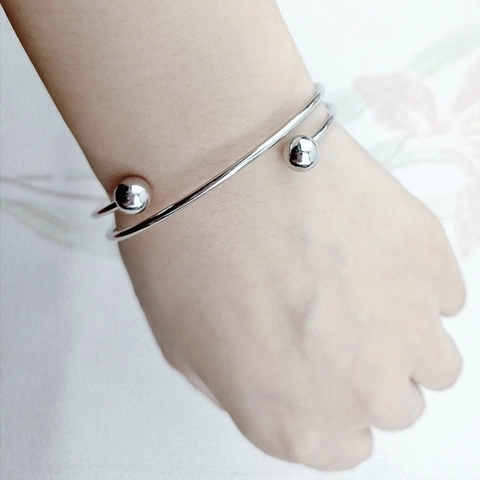 Minimalist Stainless Steel Open Bangle For Women Double Round Ball Ends Geometric Adjustable Polished Fashion Jewelry Bracelet