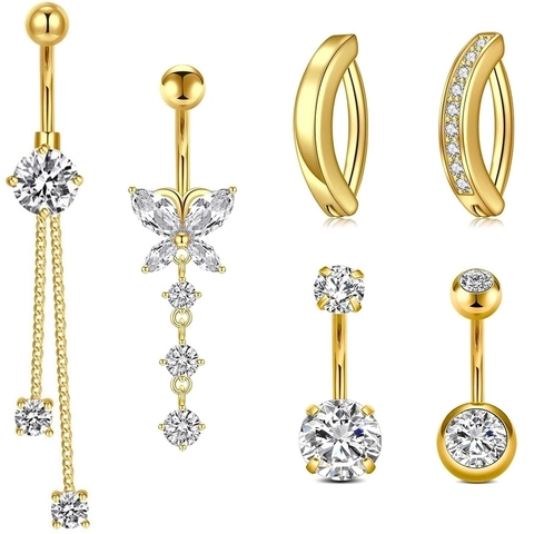Stainless Steel Copper Rhinestone Butterfly Navel Ring Set Gold Silver Tassel Piercing Jewelry Women Belly Button Rings