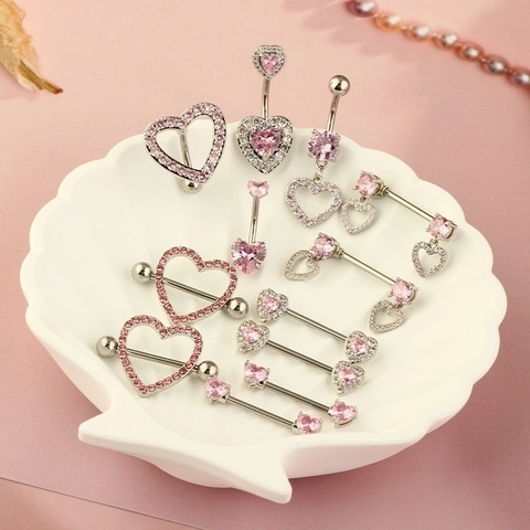 Pink Heart Rhinestone Navel Piercing Nipple Ring Set Stainless Steel Heart Shaped Belly Button Ring Body Piercing Jewelry For Unisex
