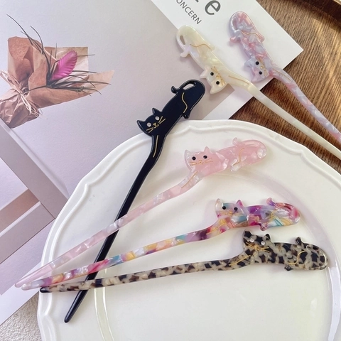 Acetaat Haarstokje Vintage Schattige Kat Vorm Haarsieraden Met Steentjes Voor Vrouwen Knot Kapsel Accessoires