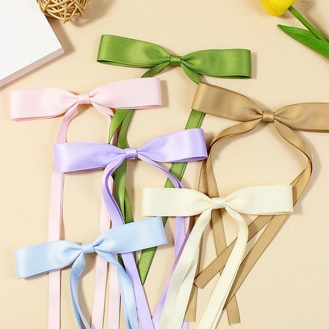 Sweet Long Tail Satin Ribbon Bow Hair Clip For Girls Solid Color Grosgrain Bowknot Duckbill Clip Elegant Hair Accessories