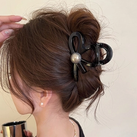 Pinza De Pelo Elegante Lazo De Mariposa Pinza De Tiburón Cruzada Con Perla Artificial De Imitación Resina Acrílica Para Mujer